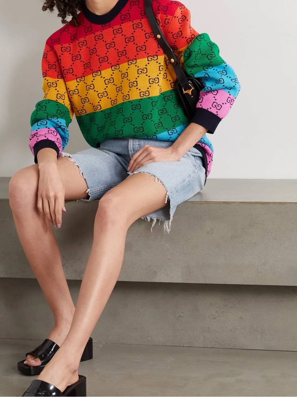 Gucci GG Multicolor Rainbow Stripe Intarsia Wool/Cotton Sweater Jumper Size S
